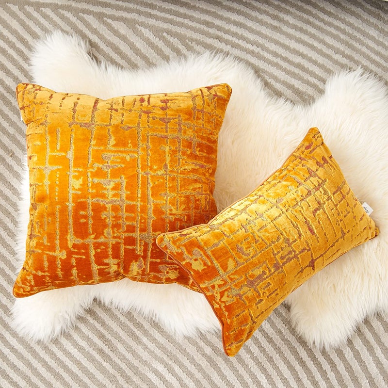 Alerfa Square Geometrical Plaid Striped Cut Velvet Throw Pillow Cover 20x20 Inch Luxury Modern Decorative Accent Pillow Cover for Couch Living Room Bedroom, Orange - Image 5